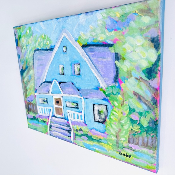 Original Painting Blue House Architectural Landscape Impressionistic OOAK 11x14" - Picture 4 of 9